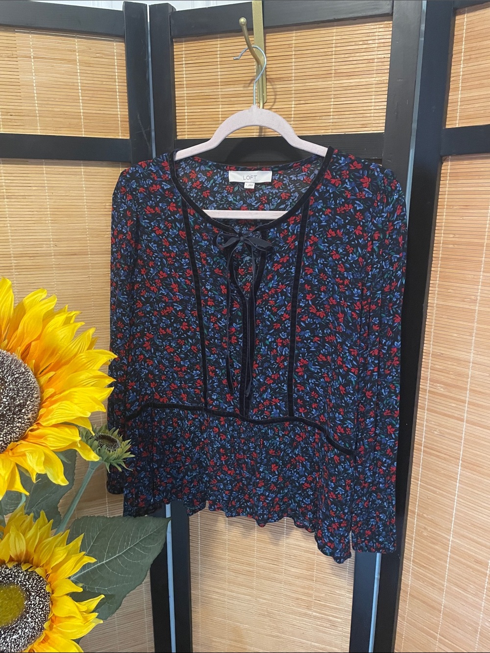 LOFT Black Floral Tie-Neck Long Sleeve Peplum Blouse